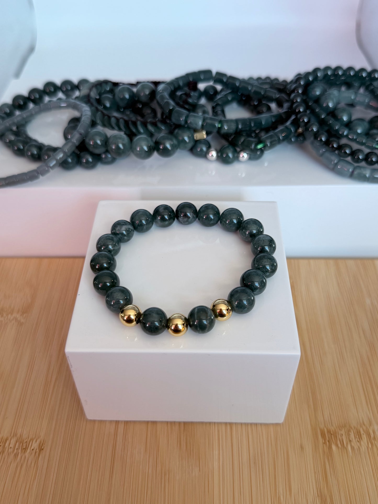 BLUE WATER JADEITE WITH 14K GOLD PLATED BEADS