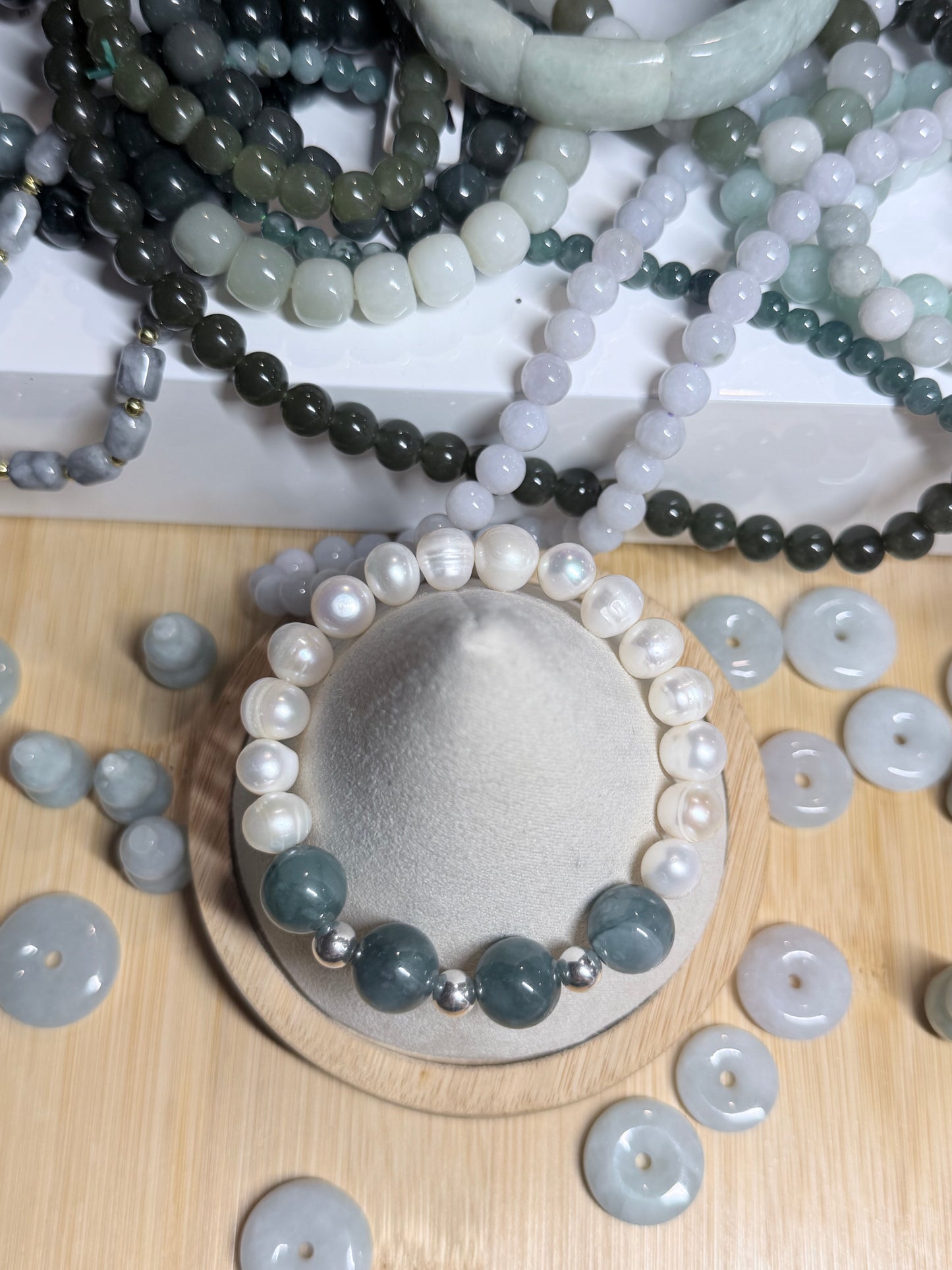 Fresh Water Pearl w/ Blue Water Jadeite & .925 silver beads