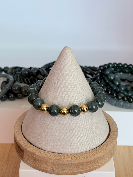 BLUE WATER JADEITE WITH 14K GOLD PLATED BEADS