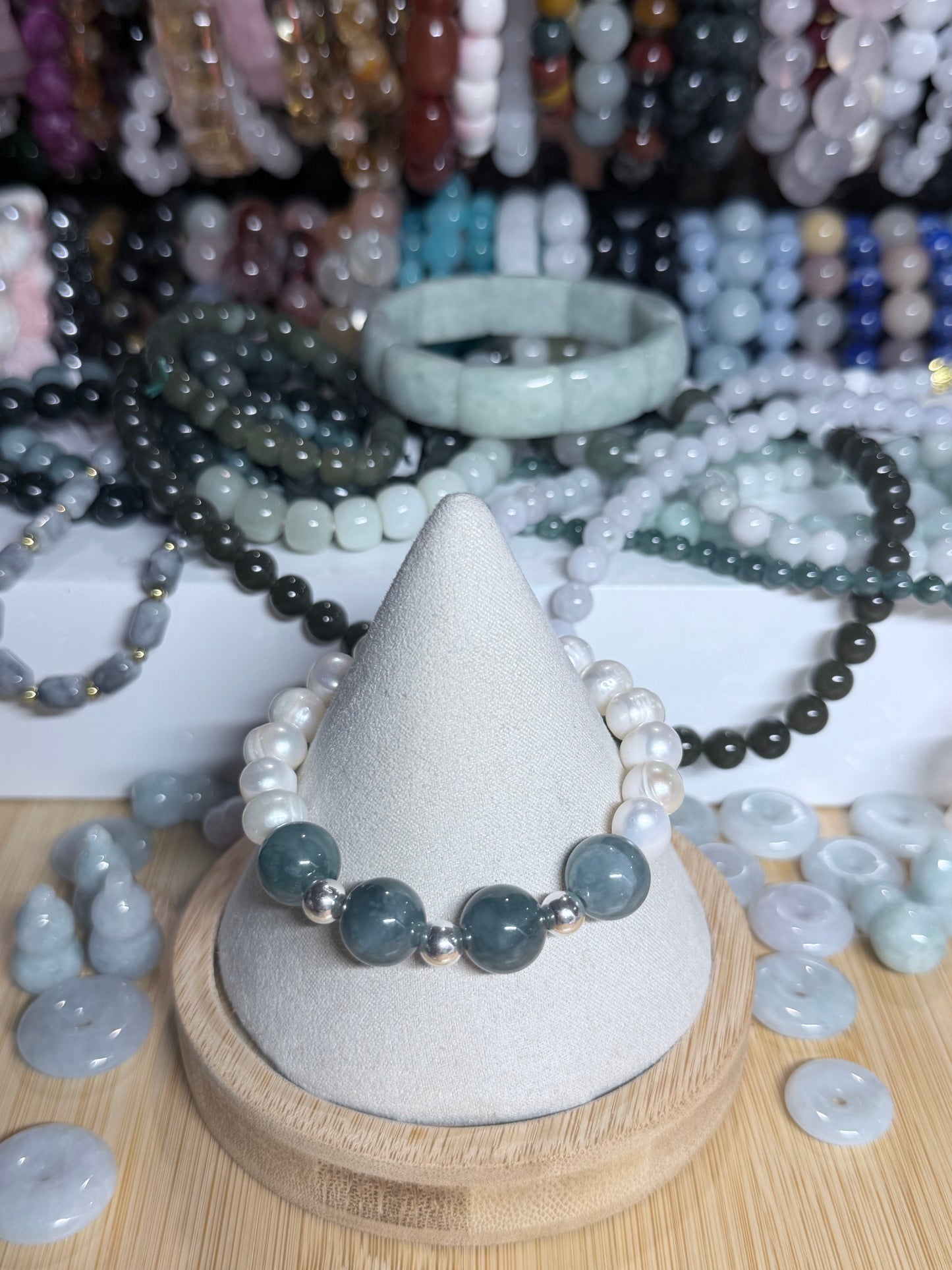 Fresh Water Pearl w/ Blue Water Jadeite & .925 silver beads