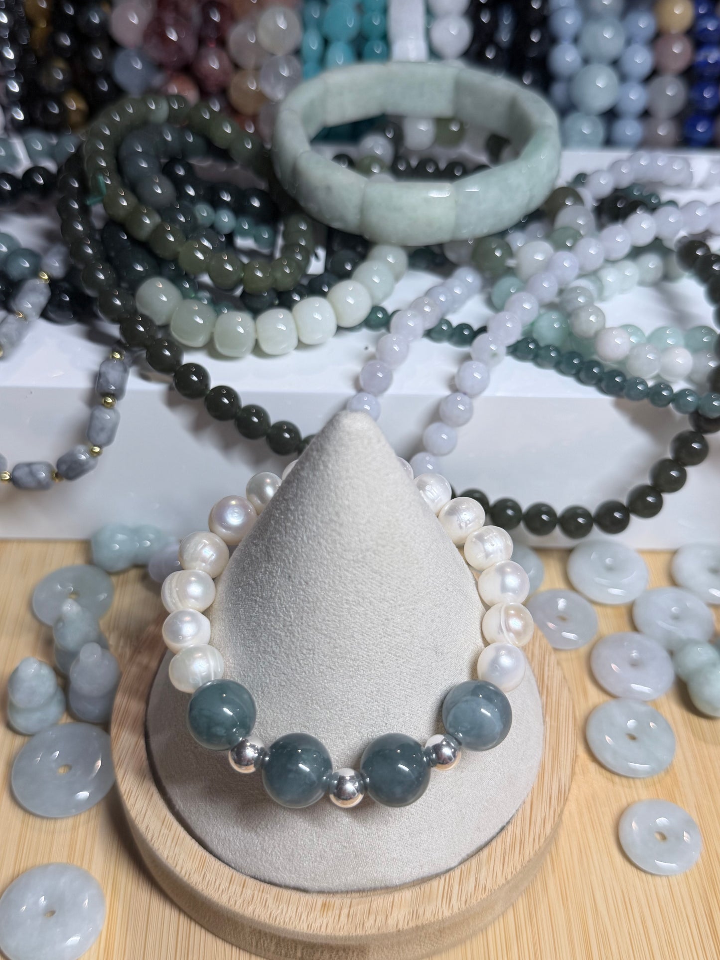 Fresh Water Pearl w/ Blue Water Jadeite & .925 silver beads